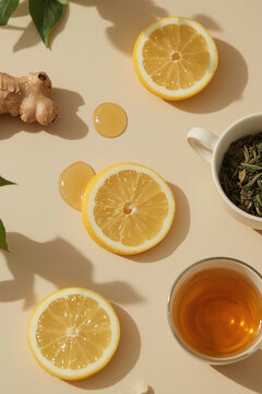 Healthy immune boosting concept with ginger lemon tea, honey and mint leaves for winter wellness remedies
