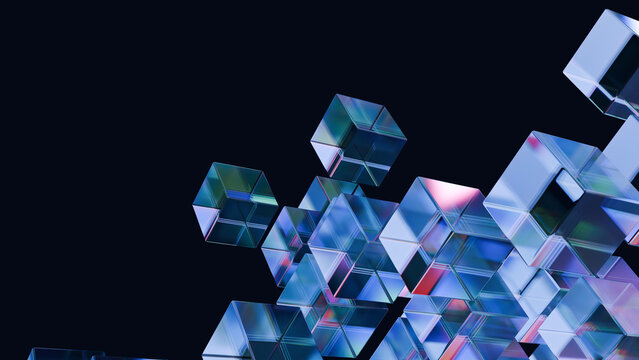 Abstract cube glass iridescent blue geometric dark background abstract cube glass iridescent blue geometric dark background with floating