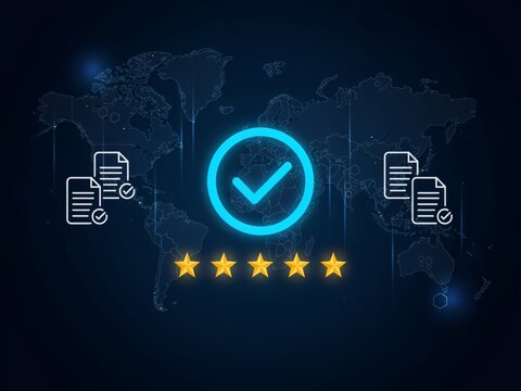 Global quality assurance certification and document verification concept with glowing checkmark symbols, world map background, and fivestar rating