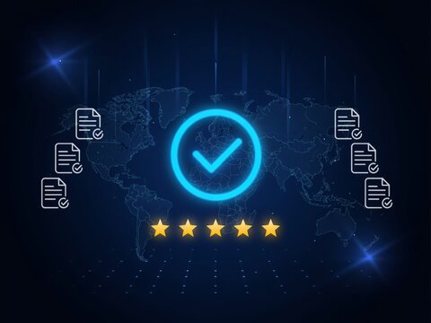 Global quality assurance certification check mark with fivestar rating and documents, digital compliance concept