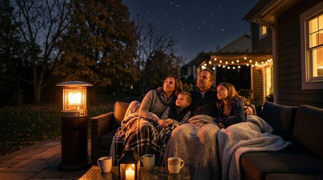 Happy family with two children sitting together on a comfortable patio sofa at night, wrapped in blankets and stargazing by a warm patio heater with cozy ambient lighting and starry sky background