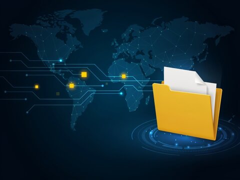Global file management and data transfer concept with folder and world map