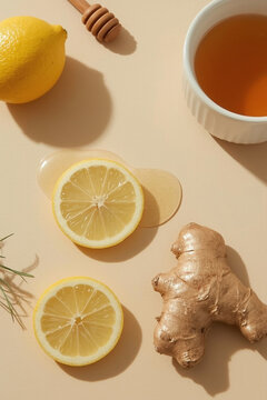 Healthy immune boosting concept with ginger lemon tea, honey and mint leaves for winter wellness remedies
