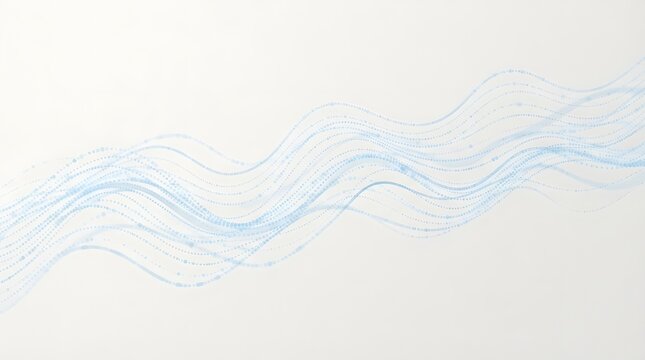 Abstract blue wavy lines with particle dots flowing on a clean white