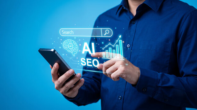 Ai and seo digital marketing concept with smartphone and business analytics interface. Concept of AI SEO searching baar.
