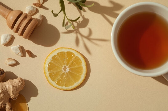 Healthy immune boosting concept with ginger lemon tea, honey and mint leaves for winter wellness remedies
