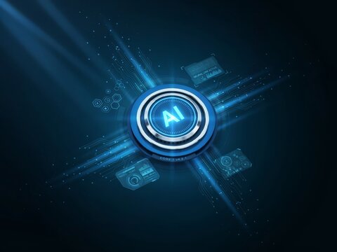 Futuristic ai artificial intelligence technology concept with glowing blue digital interface elements and data visualization on dark background