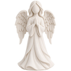 Fototapeta premium White angel figurine with wings in prayer pose, isolated on transparent background. Religious sculpture, spiritual symbol, decorative ornament.