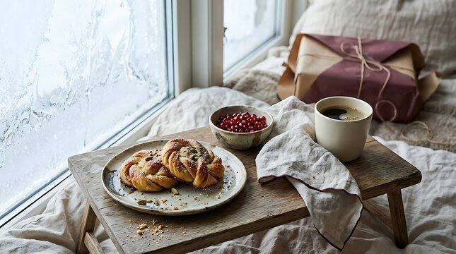 Cozy winter morning breakfast with cinnamon rolls and coffee by a frosted window with gift box