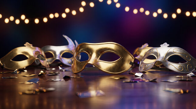Colorful masks on a festive background surrounded by confetti and lights
