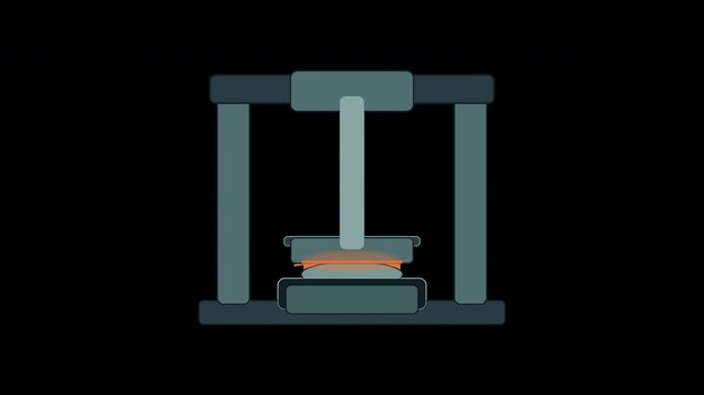 Hydraulic press compressing steel blank on transparent background