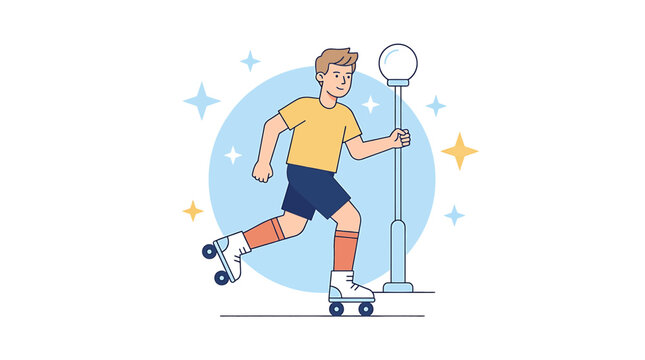 Skater Boy Riding Roller Skates Past a City Street Lamp Vector Art