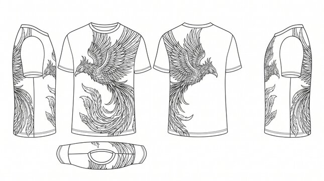 Phoenix T-Shirt Design Mockup - Mythical Bird Line Art Illustration Template with Front Back and Side Views