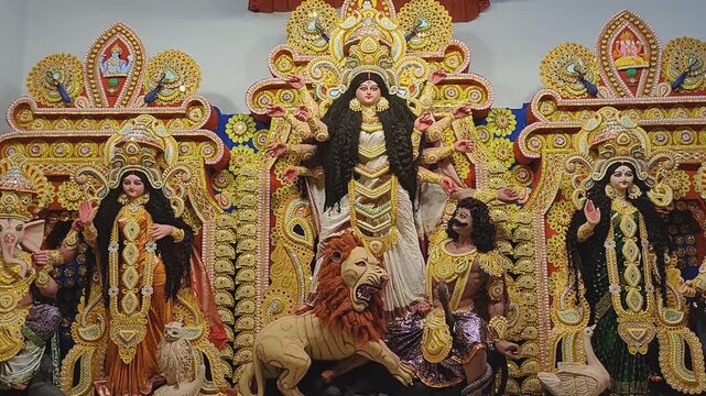 4k video of godess durga idol worshipped during durga puja festival in India