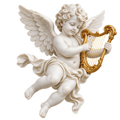 Fototapeta premium Sculpture of a winged cherub playing a golden harp, white marble texture with ornate gold instrument, isolated on transparent background. Renaissance style, classical art