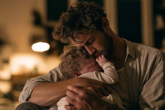 Tired young father gently holding and comforting his crying baby during a quiet night at home, showing patience, tenderness and devoted parenting