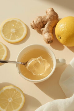 Healthy immune boosting concept with ginger lemon tea, honey and mint leaves for winter wellness remedies
