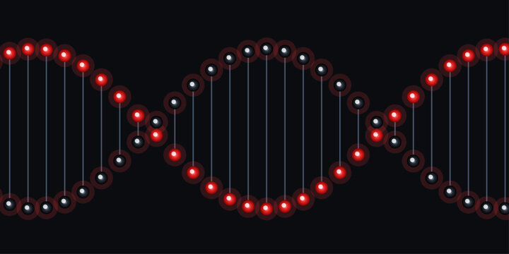 Abstract DNA double helix strand wave structure with glowing red and black atomic spheres on dark background vector scientific illustration for genetics biotech banner and graphic design
