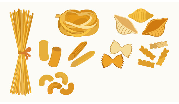 Playful Collection of Italian Pasta Varieties Including Spaghetti, Rigatoni, Shells and Farfalle Vector Illustration