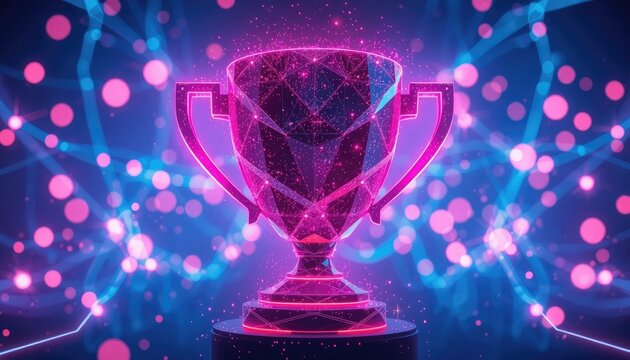 Brilliant crystalline trophy illuminated by vibrant neon lights, perfect for celebrating achievements and digital innovation.