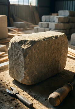 stonemasonry and construction craft, raw stone block with artisan tools in workshop for building renovation and architectural masonry project