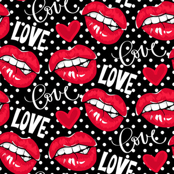 Black background, love words, and red lips pattern