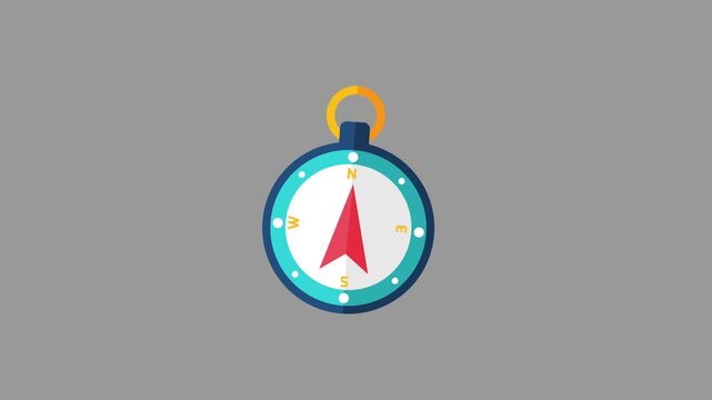 Vector animation of a vintage navigational pocket compass with a red needle pointing north
