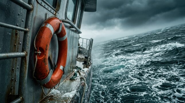 Safety lifebuoy on stormy ship deck at sea