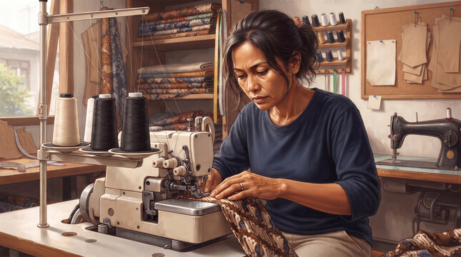 Indonesian tailoress operating four thread overlock serger sewing machine on batik cloth