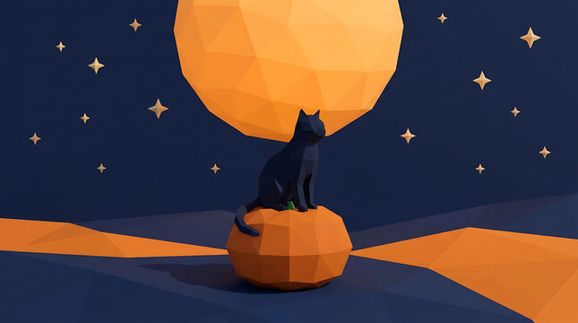 Low poly black cat on pumpkin with moon