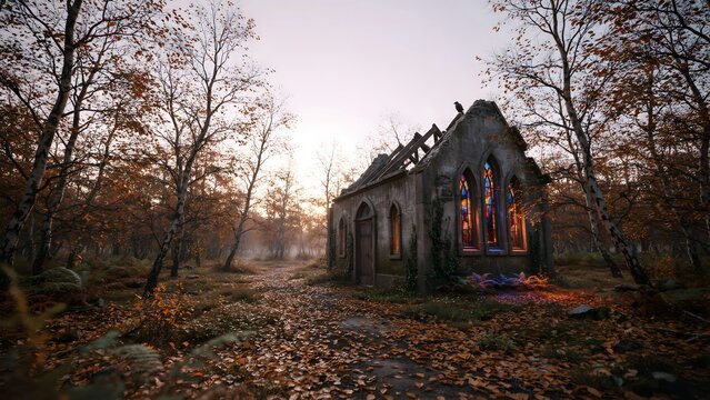 Nighttime View of Old Ruined Church in Forest with Autumn Leaves and Sunset Sky