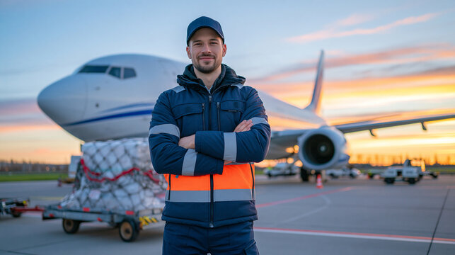 Experienced ground handling specialist inspecting a cargo restraint net after fastening it around an aviation container on a dolly, commercial airplane waiting nearby, golden sunset light creating a