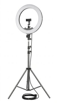 Ring light mounted on adjustable tripod stand with phone holder for and video content creation