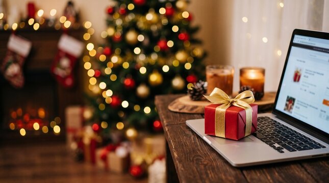 A beautifully wrapped red gift box with luxurious gold ribbon sitting on laptop keyboard with festive fairy lights and cozy fireplace in background
