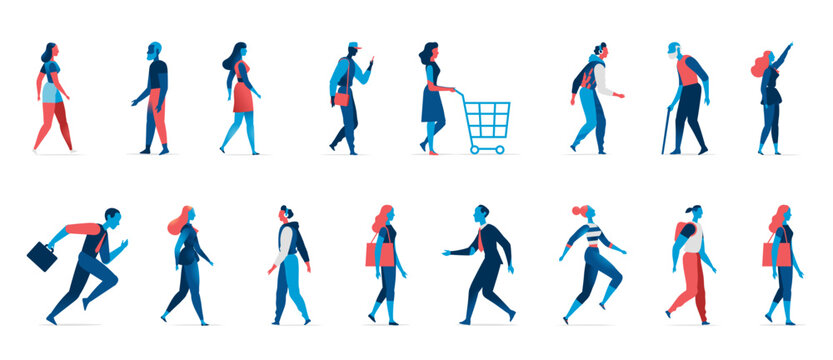 Set of diverse people walking, running and moving in side view, men and women of different ages with bags, backpack and shopping cart, flat vector illustration