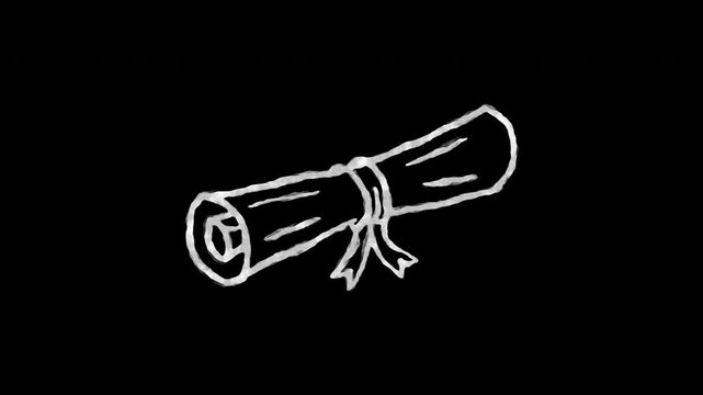 White sketch diploma scroll icon animated loop hand drawn line art certificate motion graphic video on black background for education graduation overlay