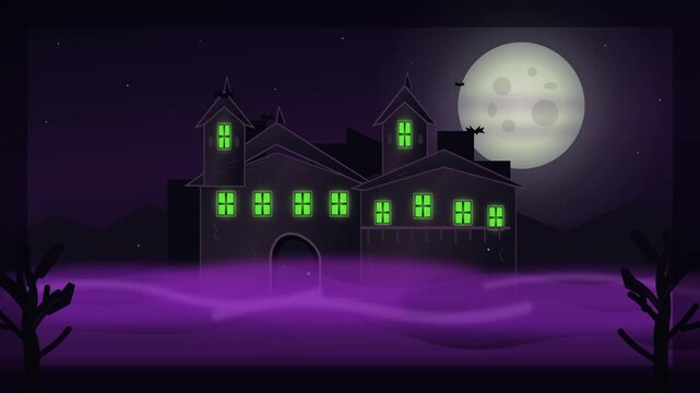 Spooky haunted mansion standing under a glowing full moon with eerie purple fog and flying bats