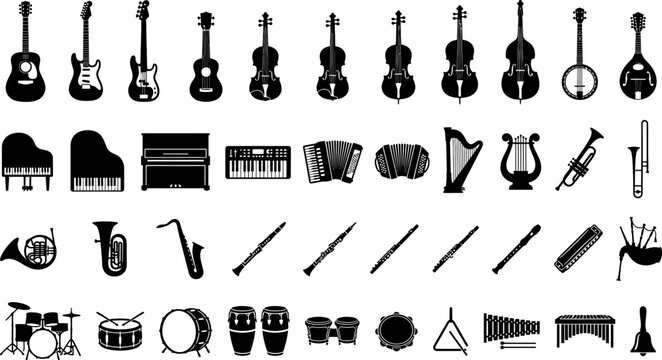 A comprehensive collection of various musical instruments, including string, wind, percussion, and keyboard instruments, depicted as black silhouettes