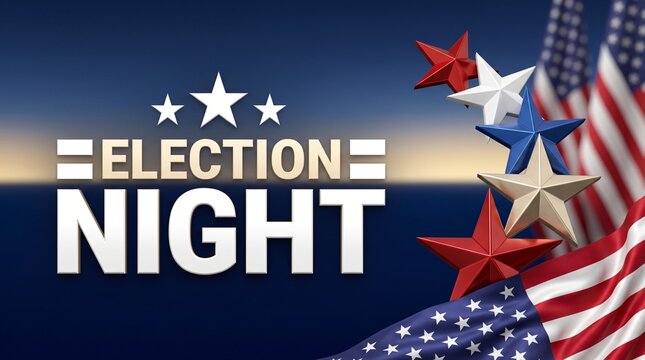 Election night star array background with authentic american flag folds banner for united states presidential television broadcast and democratic governance voter results report concept in politics