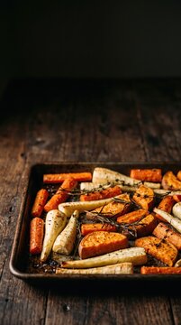 Roasted root vegetables on a baking sheet, wooden surface background