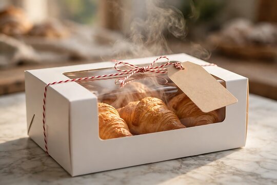 Freshly baked golden croissants inside a white cardboard takeaway box with a brown paper gift tag tied with red and white string, steam rising from the warm pastry