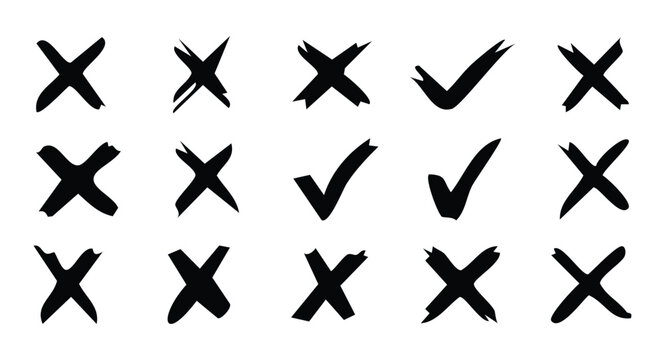 Grunge brush stroke cross and check mark icons, Checklist symbols including right and wrong signs in brush marker style. Vector illustration,