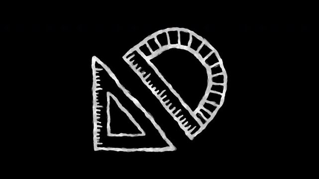 White sketch triangle ruler and protractor icon animated loop hand drawn line art geometry tool motion graphic video on black background for education video