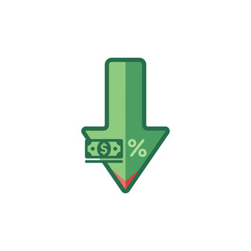 Green down arrow with dollar bill and percentage sign, symbolizing financial decrease, cost reduction, or economic downturn.