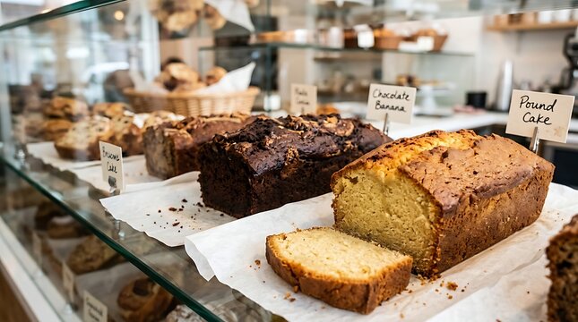 Freshly baked pound cake, chocolate banana bread, and brioche cake displayed in a bakery glass case