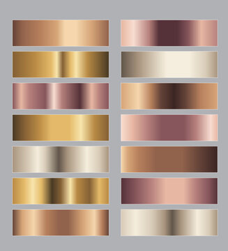 Warm metal gradient vector set with 14 reflective bands for comparing finishes for packaging and brand graphics