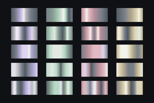 Pearlescent gradient vector set with 20 varied reflection swatches for packaging graphics