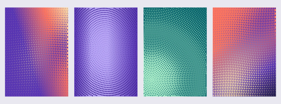 Four Halftone Vector Poster Backgrounds with Dot Rings and Diagonal Flow for campaign