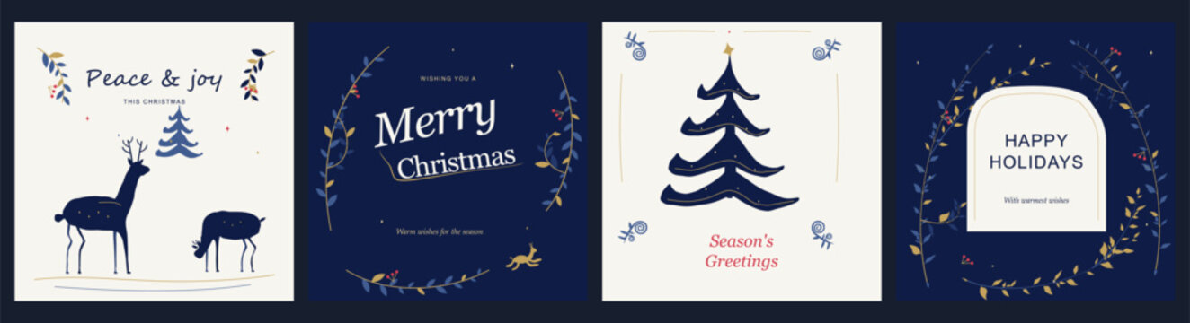 Christmas greeting card vector collection in indigo and gold for digital holiday cards, with deer silhouettes, Christmas lettering and curled ornamental tree
