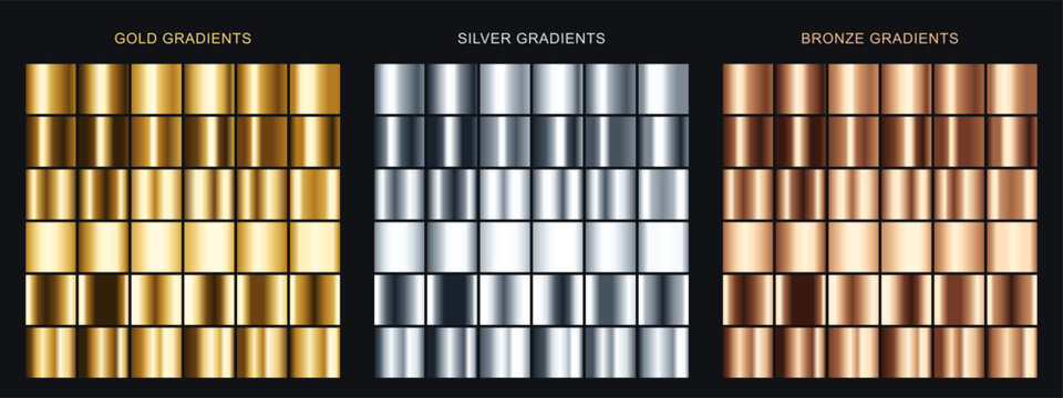 Gold, silver and bronze metallic gradient swatch vector library for packaging and lettering, with varied reflection bands